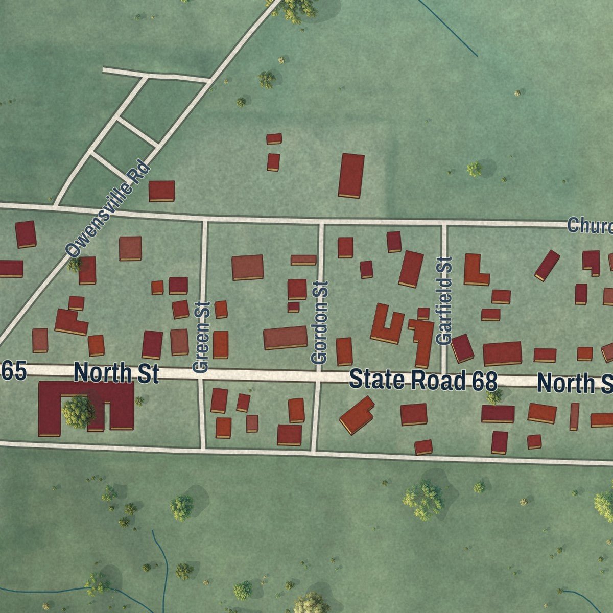Second close-up of the map of Cynthiana, Indiana print showing more streets and buildings