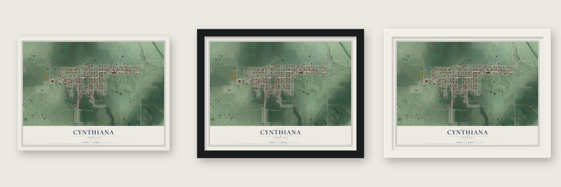 Cynthiana, Indiana map unframed, in a black wood frame and in a white wood frame