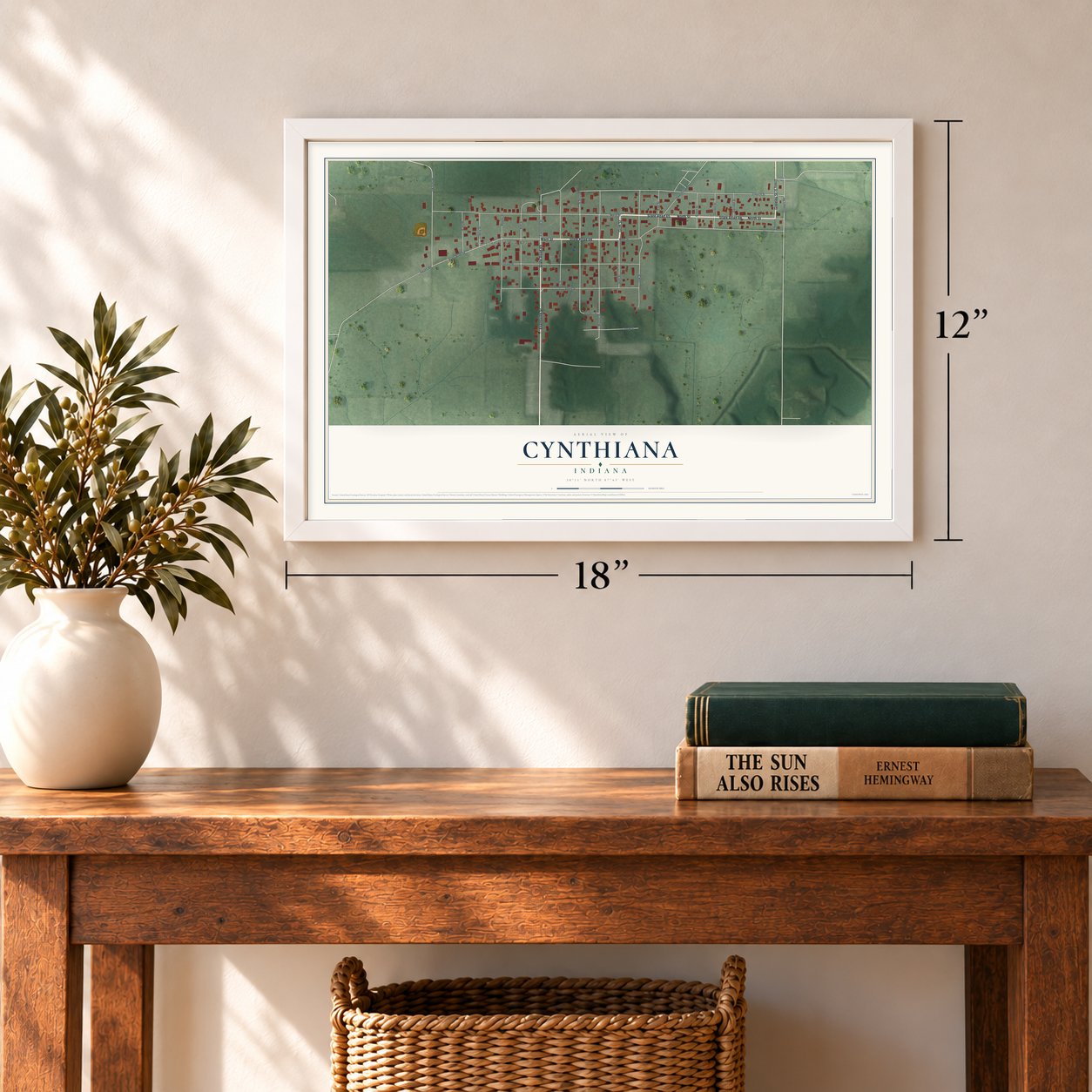 Cynthiana, Indiana map, 12 x 18 inch print in a white frame in an entryway