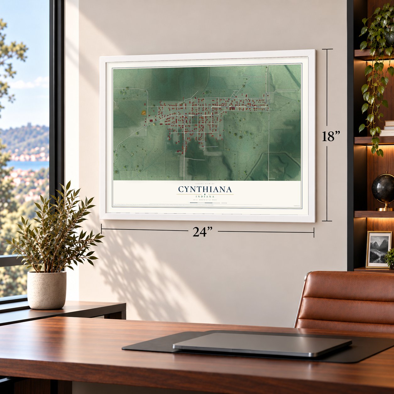 Cynthiana, Indiana map, 18 x 24 inch print in a white frame in a home office