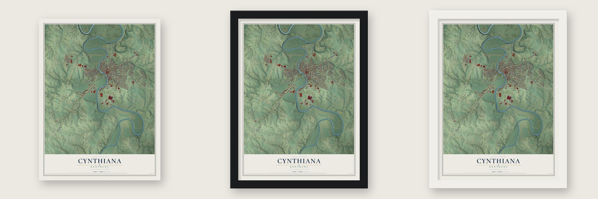 Cynthiana, Kentucky map unframed, in a black wood frame and in a white wood frame