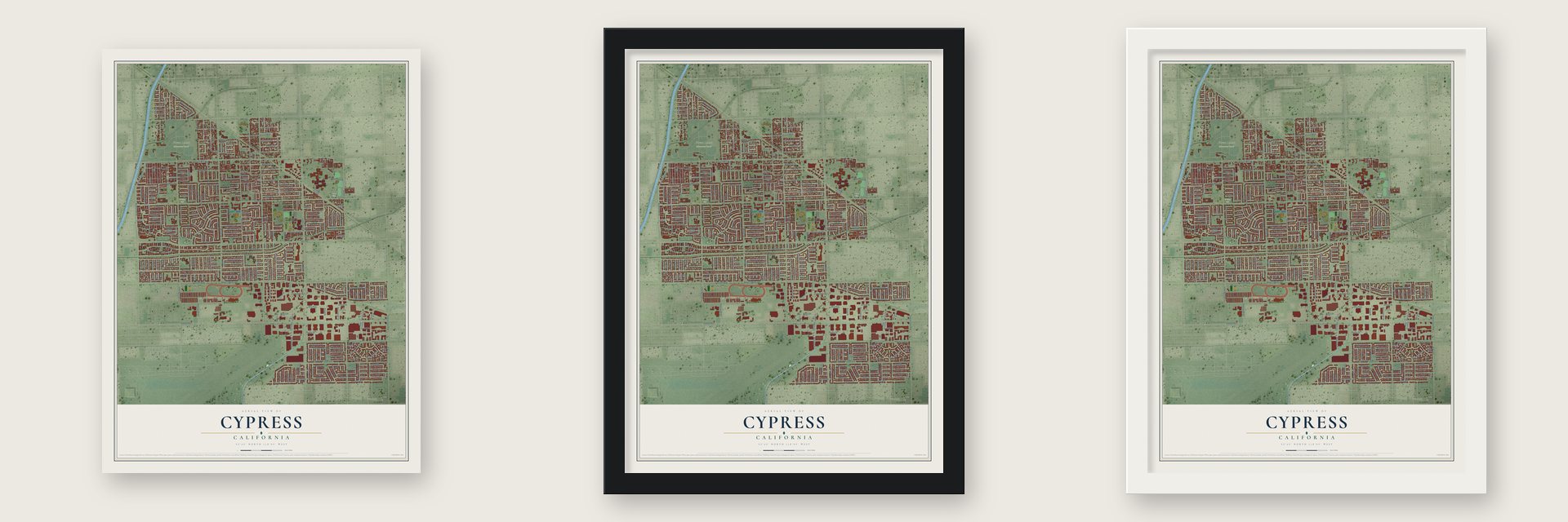 Cypress, California map unframed, in a black wood frame and in a white wood frame