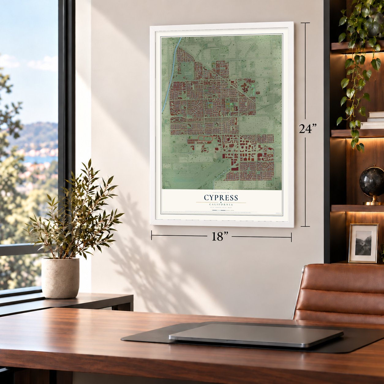 Cypress, California map, 18 x 24 inch print in a white frame in a home office
