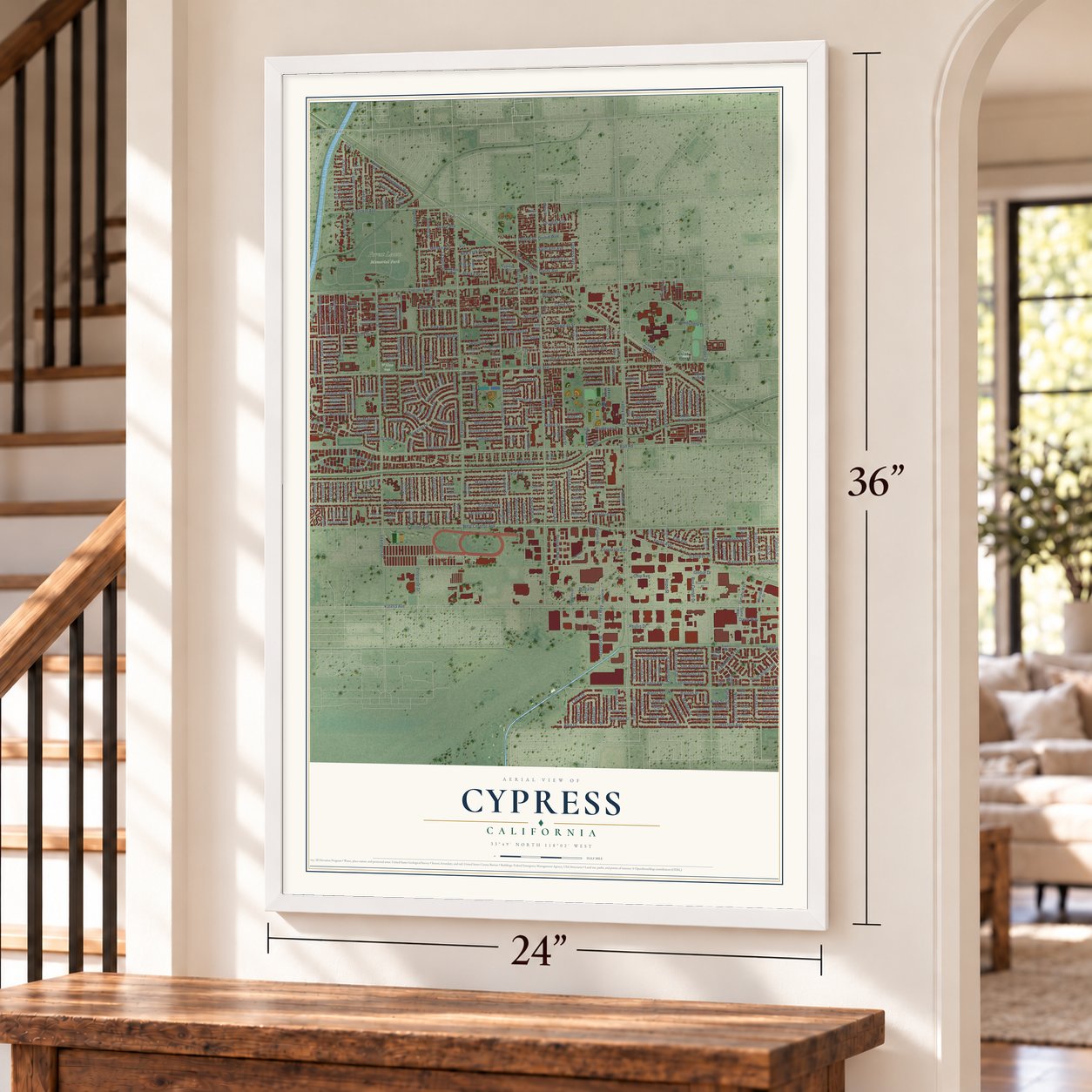 Cypress, California map, 24 x 36 inch print in a white frame by a staircase