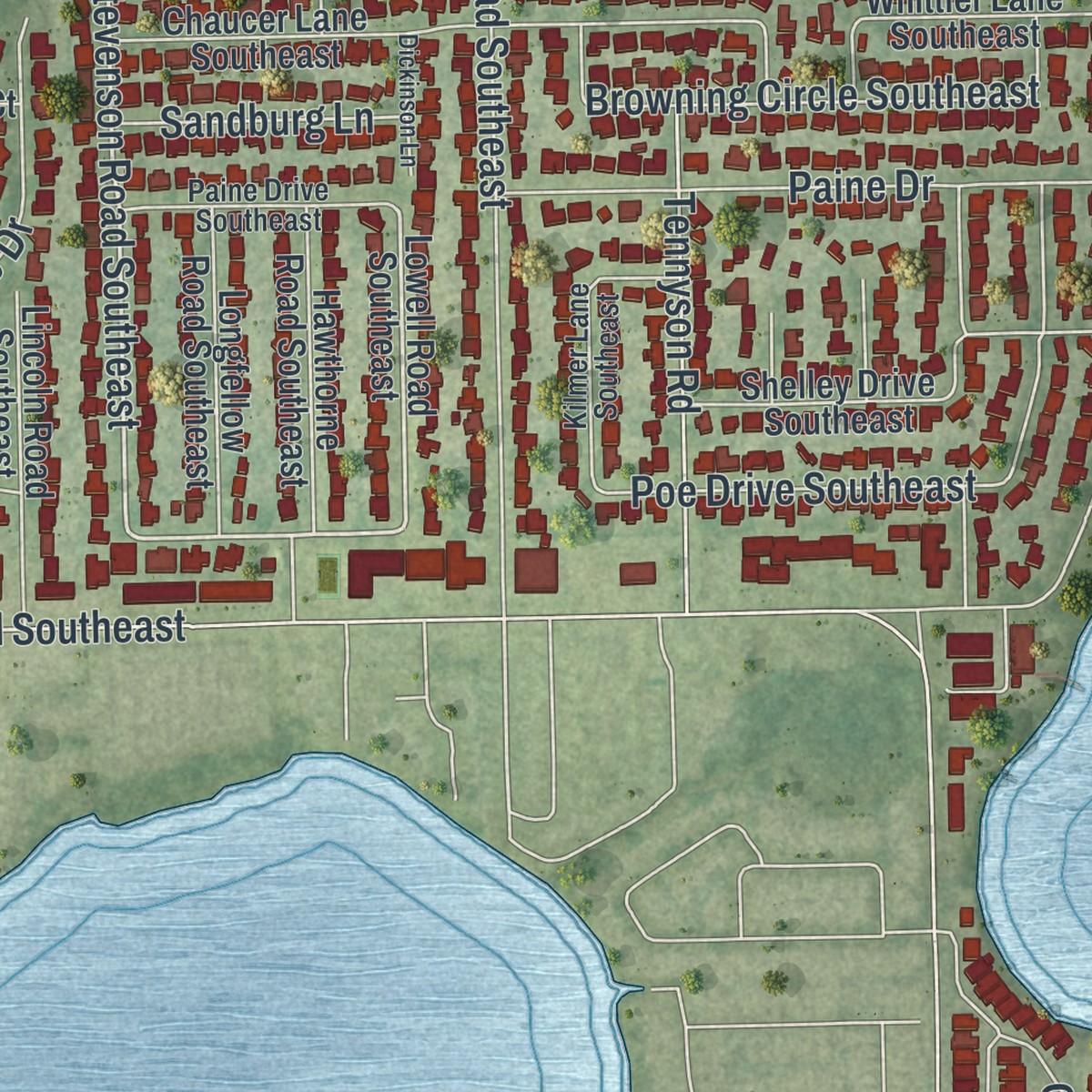 Second close-up of the map of Cypress Gardens, Florida print showing more streets and buildings