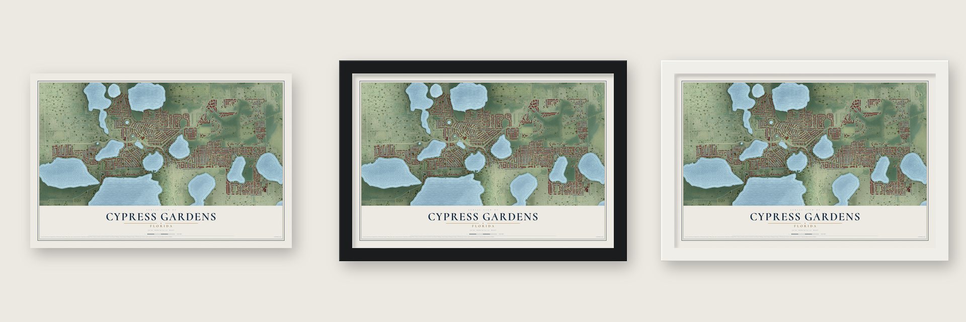 Cypress Gardens, Florida map unframed, in a black wood frame and in a white wood frame