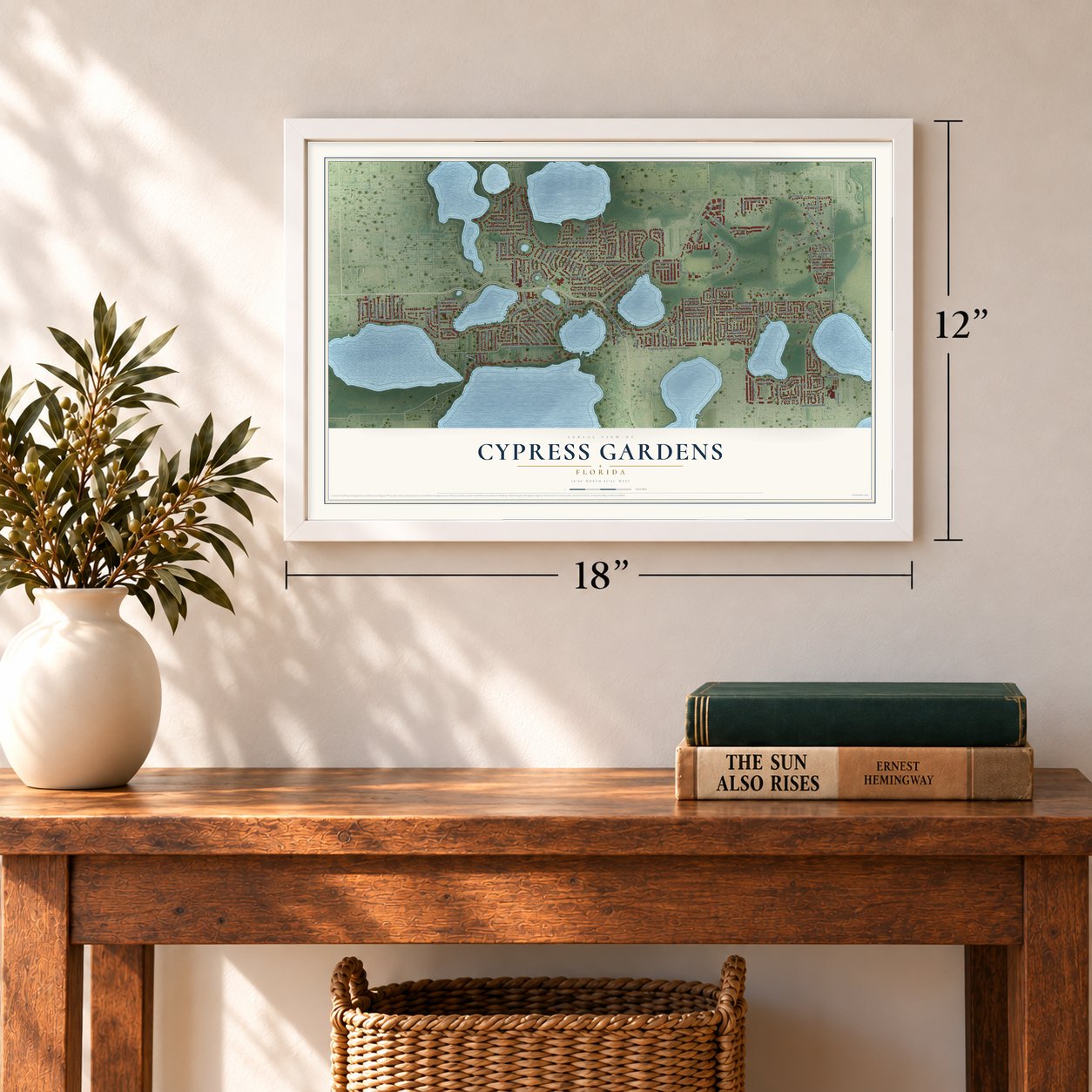 Cypress Gardens, Florida map, 12 x 18 inch print in a white frame in an entryway