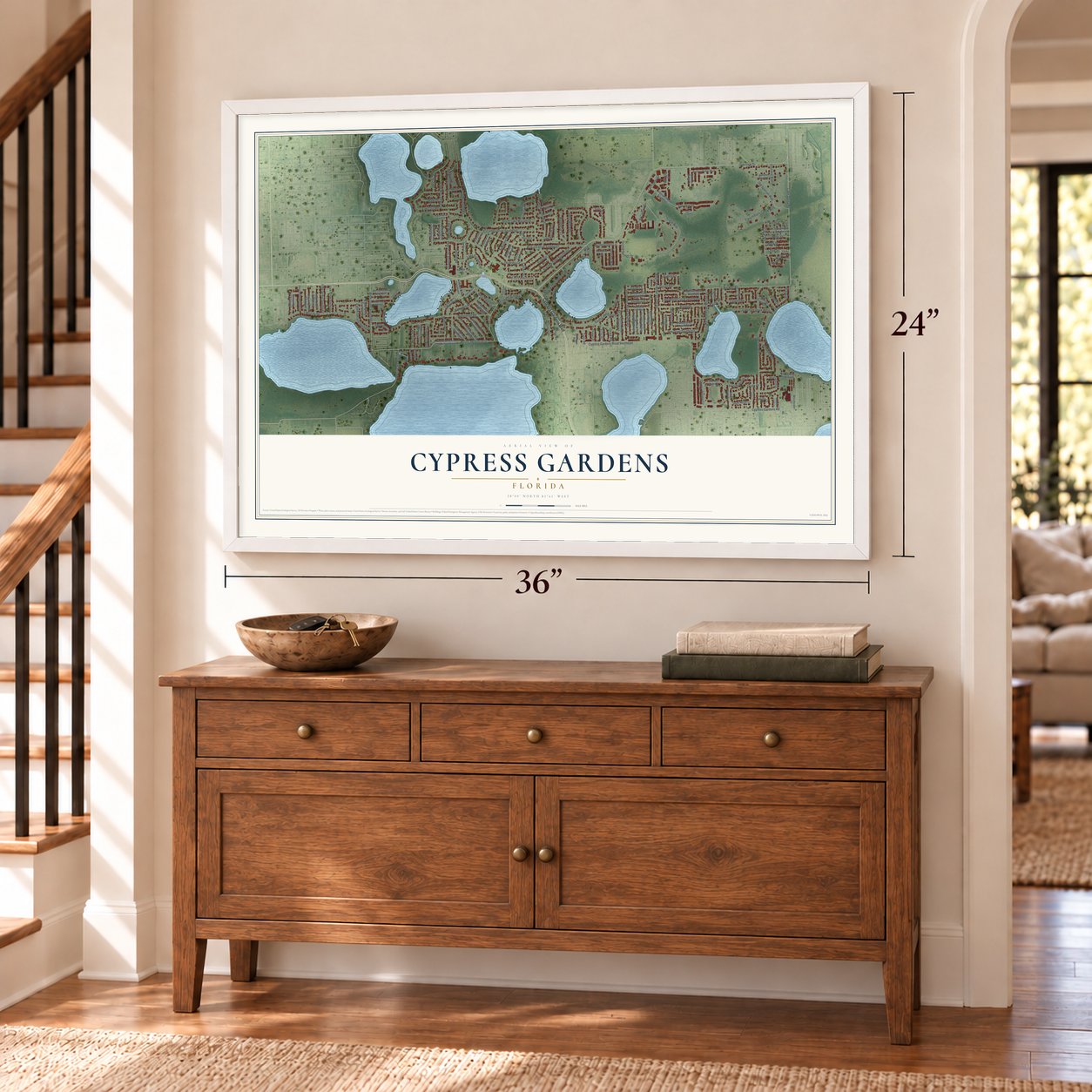 Cypress Gardens, Florida map, 24 x 36 inch print in a white frame above a dresser by a staircase