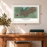 Cypress Hills, New York map, 12 x 18 inch print in a white frame in an entryway