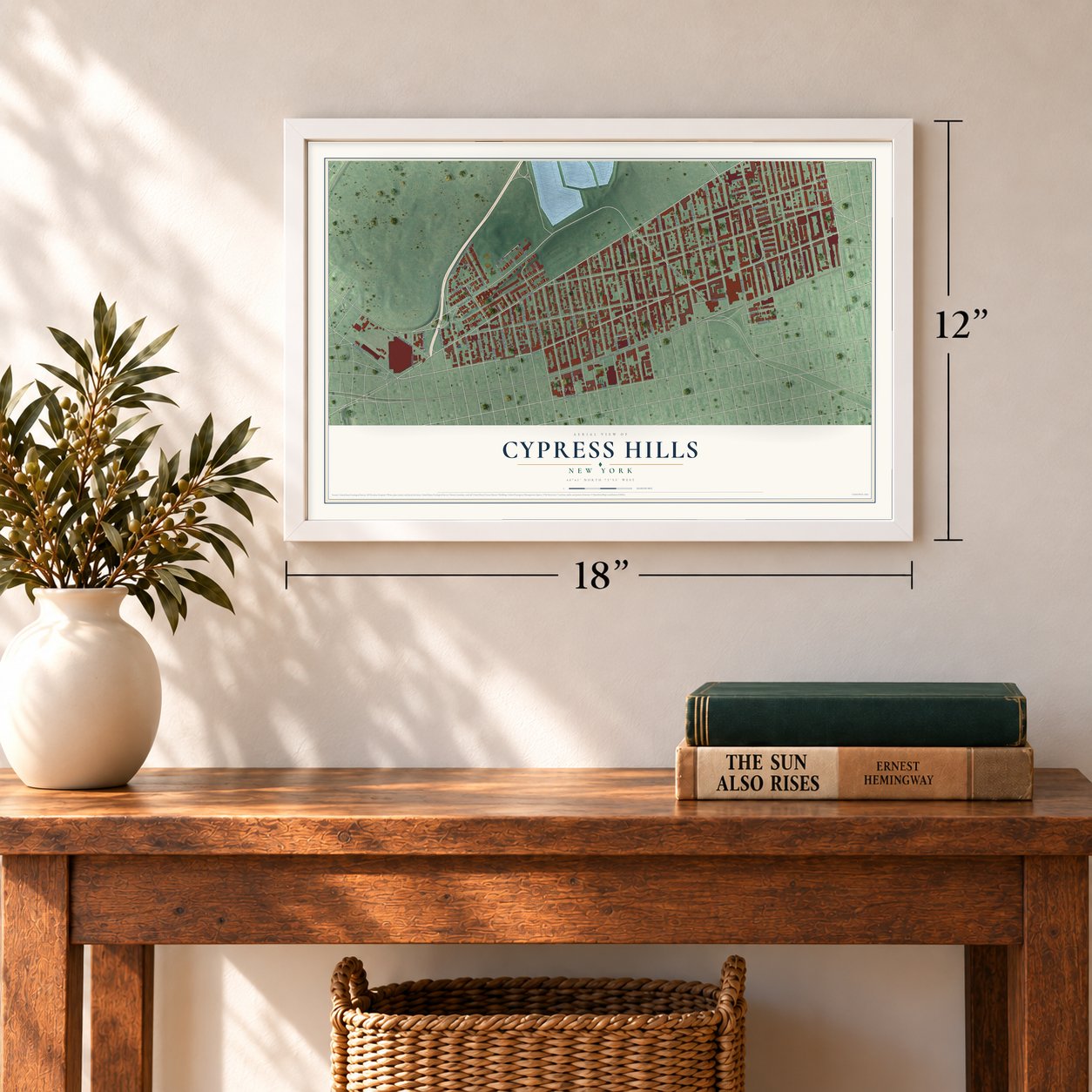 Cypress Hills, New York map, 12 x 18 inch print in a white frame in an entryway