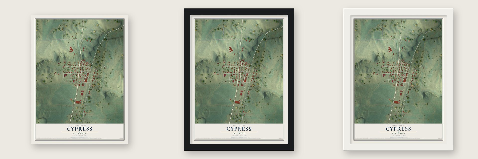 Cypress, Illinois map unframed, in a black wood frame and in a white wood frame