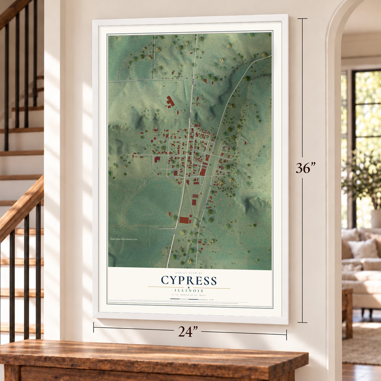 Cypress, Illinois map, 24 x 36 inch print in a white frame by a staircase