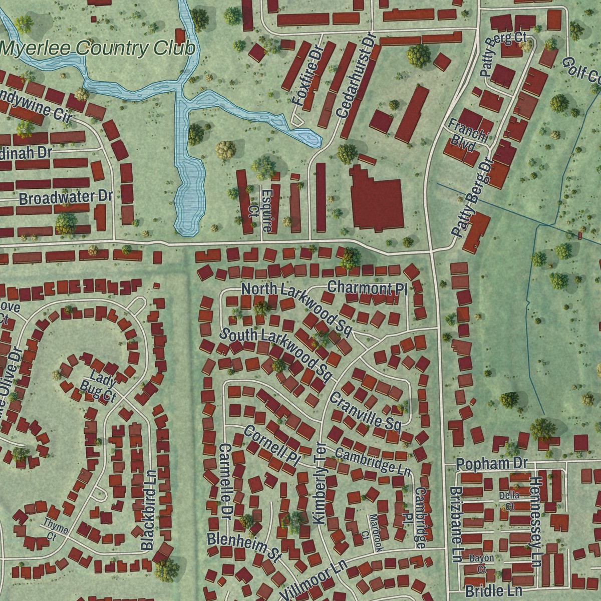 Second close-up of the map of Cypress Lake, Florida print showing more streets and buildings