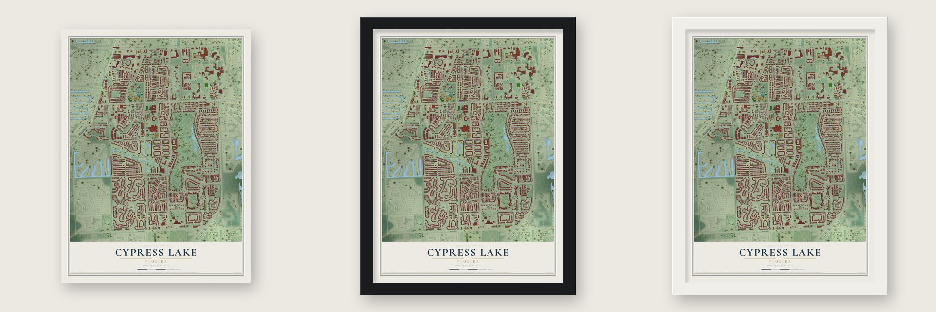 Cypress Lake, Florida map unframed, in a black wood frame and in a white wood frame