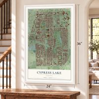 Cypress Lake, Florida map, 24 x 36 inch print in a white frame by a staircase