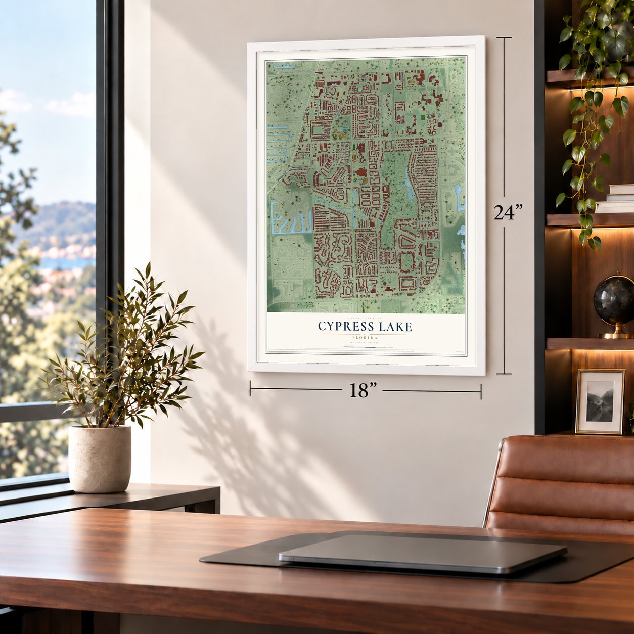 Cypress Lake, Florida map, 18 x 24 inch print in a white frame in a home office