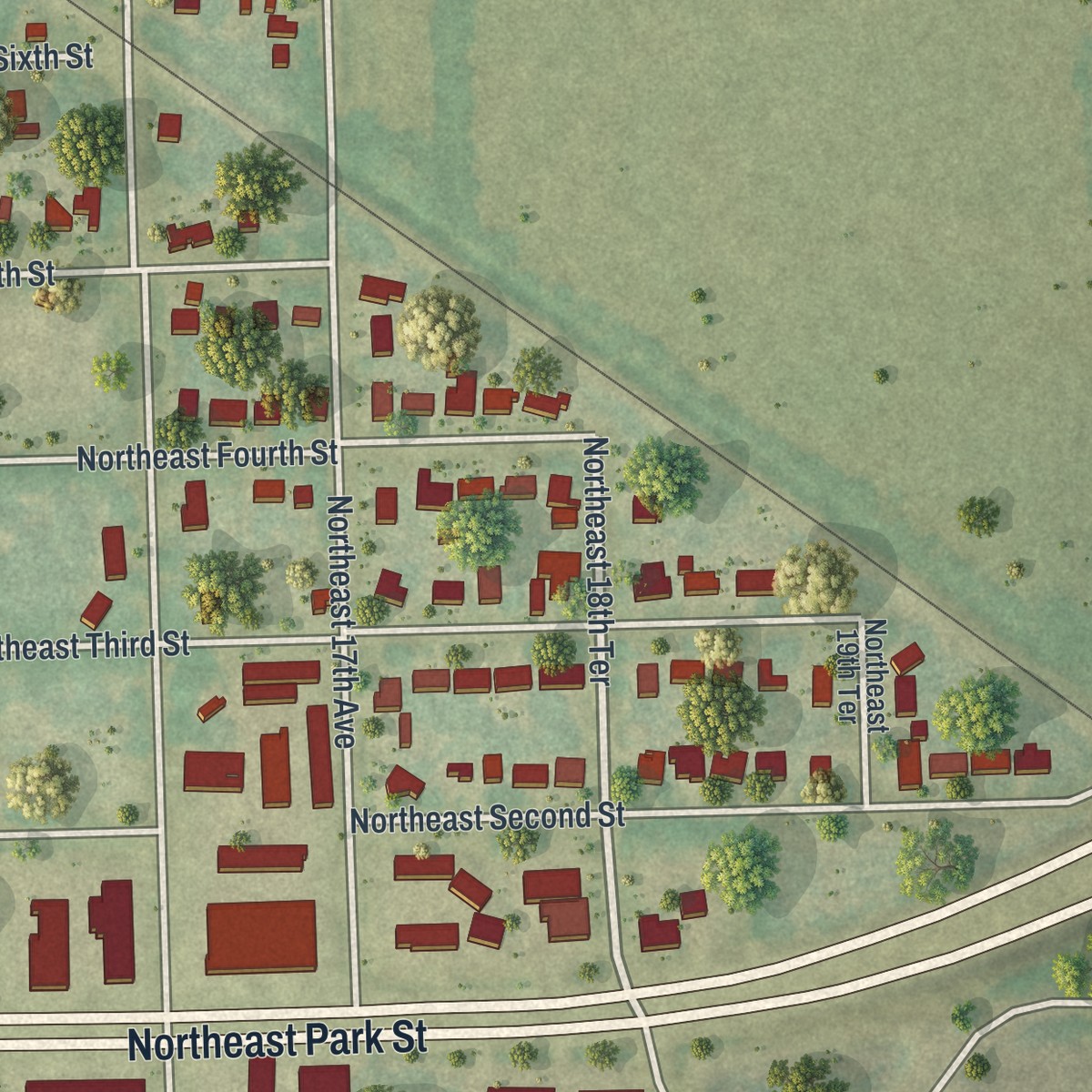 Second close-up of the map of Cypress Quarters, Florida print showing more streets and buildings