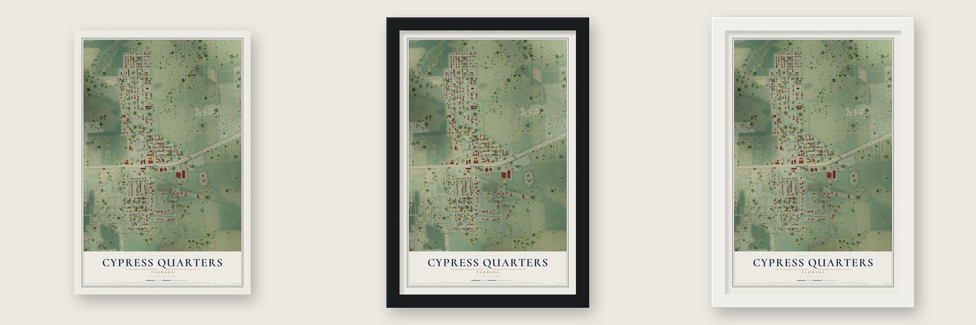Cypress Quarters, Florida map unframed, in a black wood frame and in a white wood frame