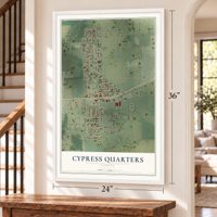 Cypress Quarters, Florida map, 24 x 36 inch print in a white frame by a staircase
