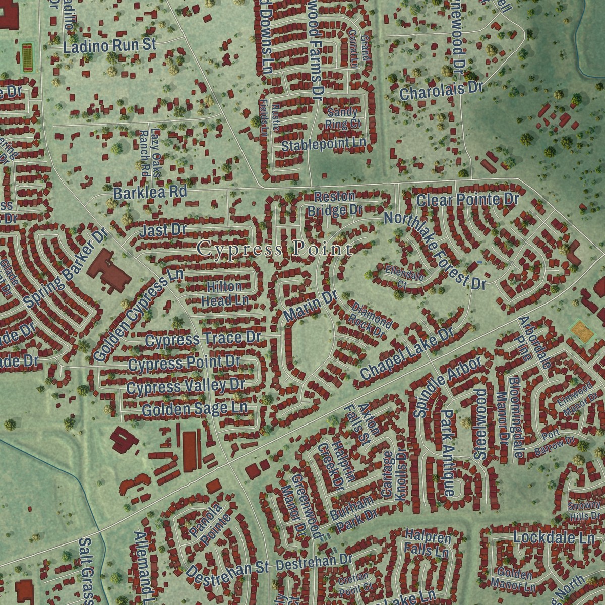 Second close-up of the map of Cypress, Texas print showing more streets and buildings