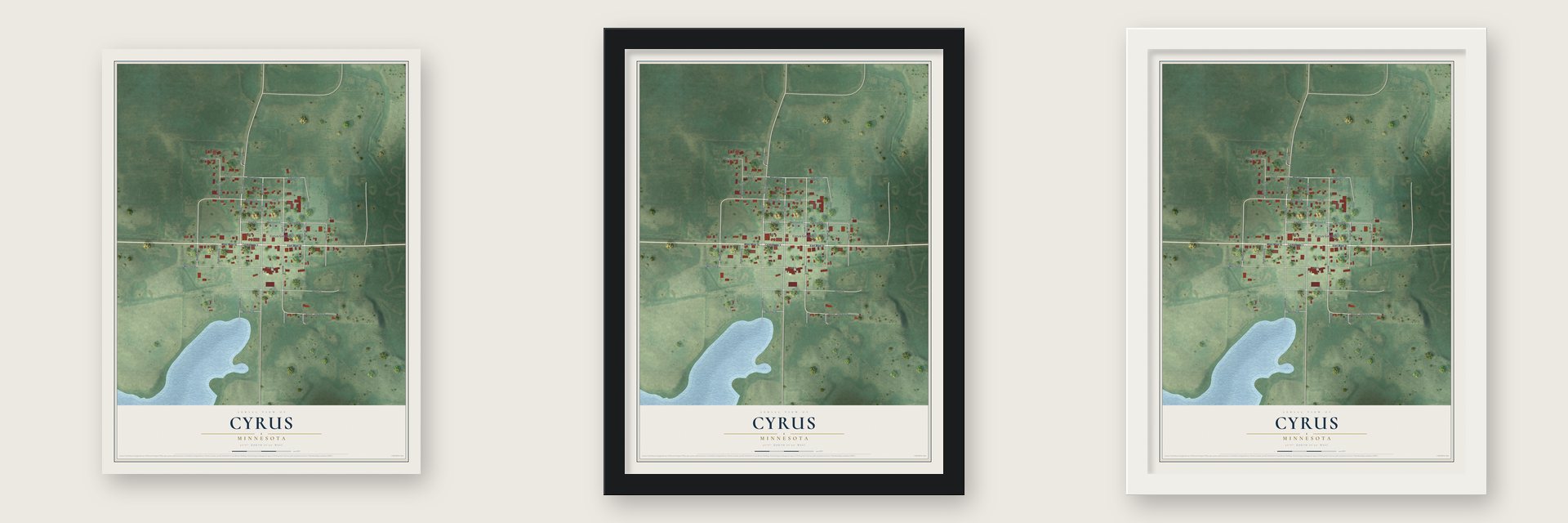 Cyrus, Minnesota map unframed, in a black wood frame and in a white wood frame