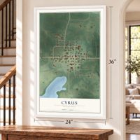Cyrus, Minnesota map, 24 x 36 inch print in a white frame by a staircase