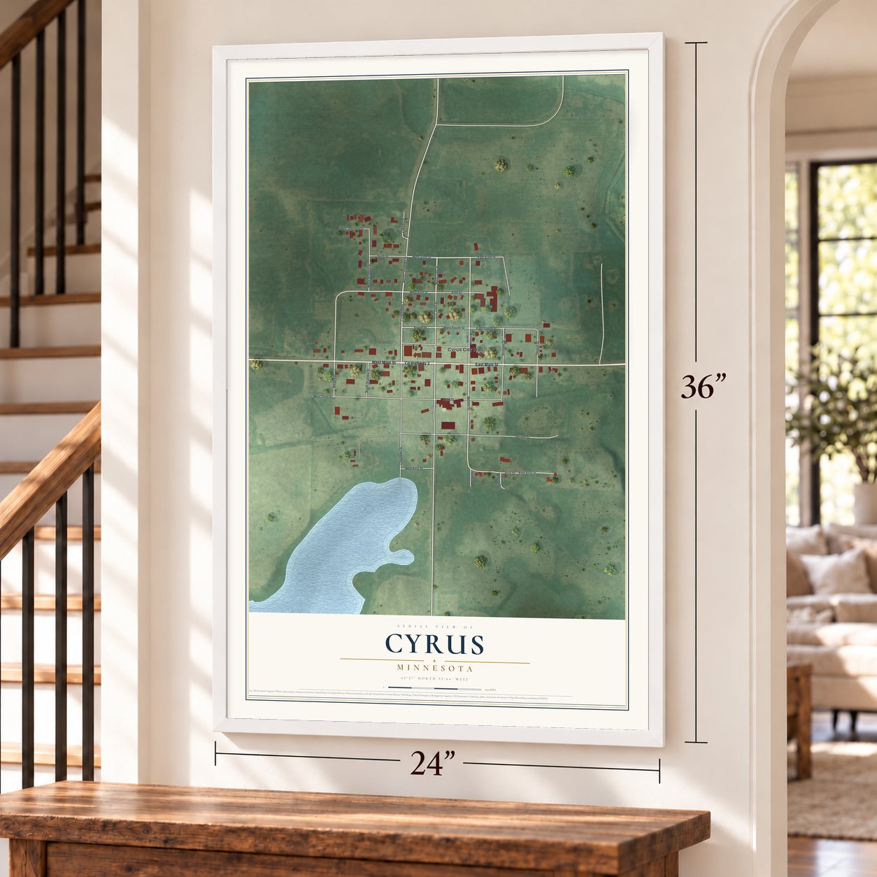 Cyrus, Minnesota map, 24 x 36 inch print in a white frame by a staircase
