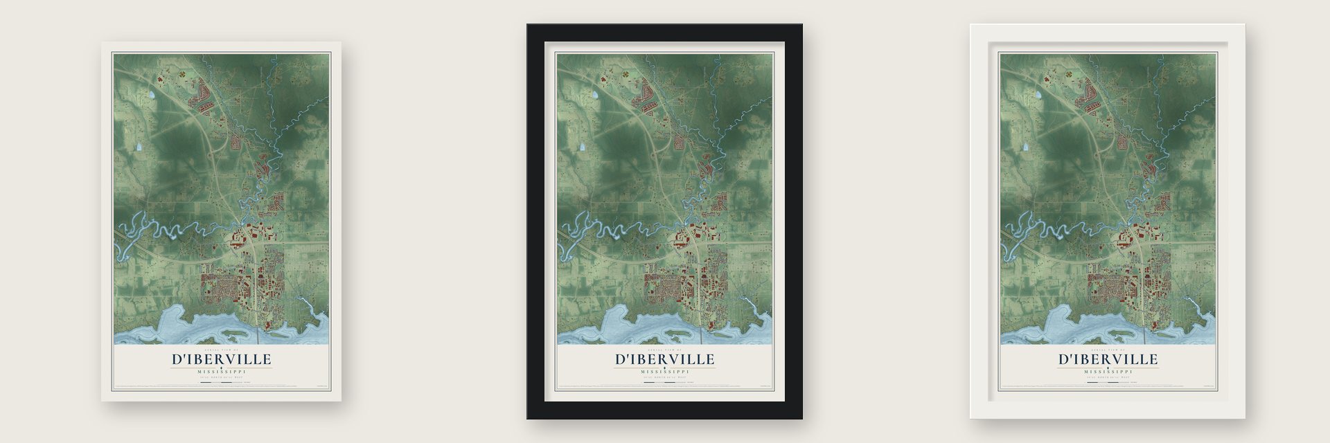 D'Iberville, Mississippi map unframed, in a black wood frame and in a white wood frame