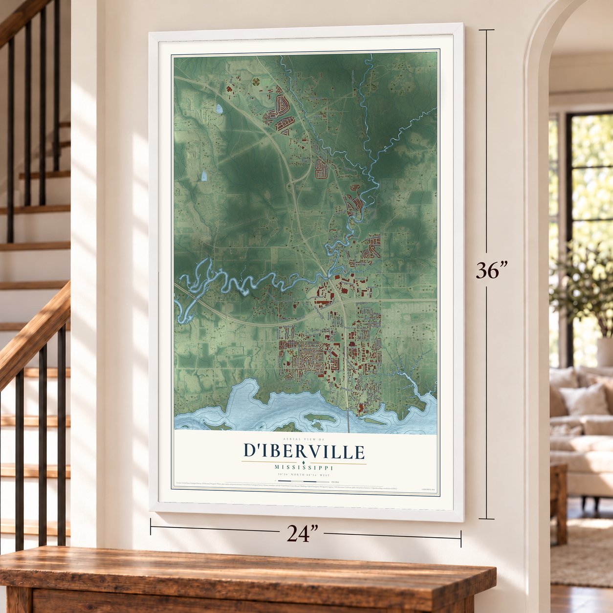 D'Iberville, Mississippi map, 24 x 36 inch print in a white frame by a staircase