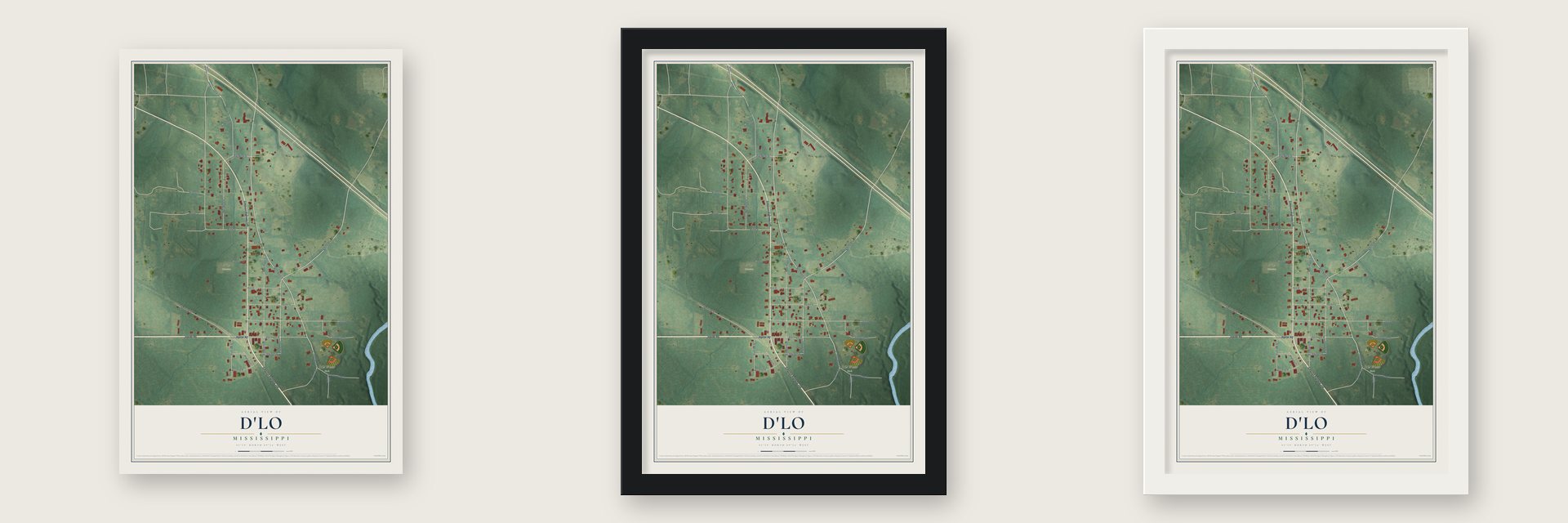 D'Lo, Mississippi map unframed, in a black wood frame and in a white wood frame