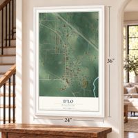 D'Lo, Mississippi map, 24 x 36 inch print in a white frame by a staircase
