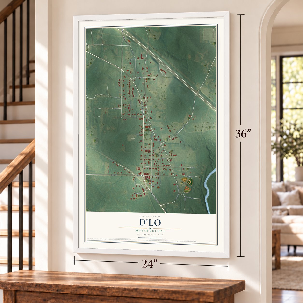 D'Lo, Mississippi map, 24 x 36 inch print in a white frame by a staircase