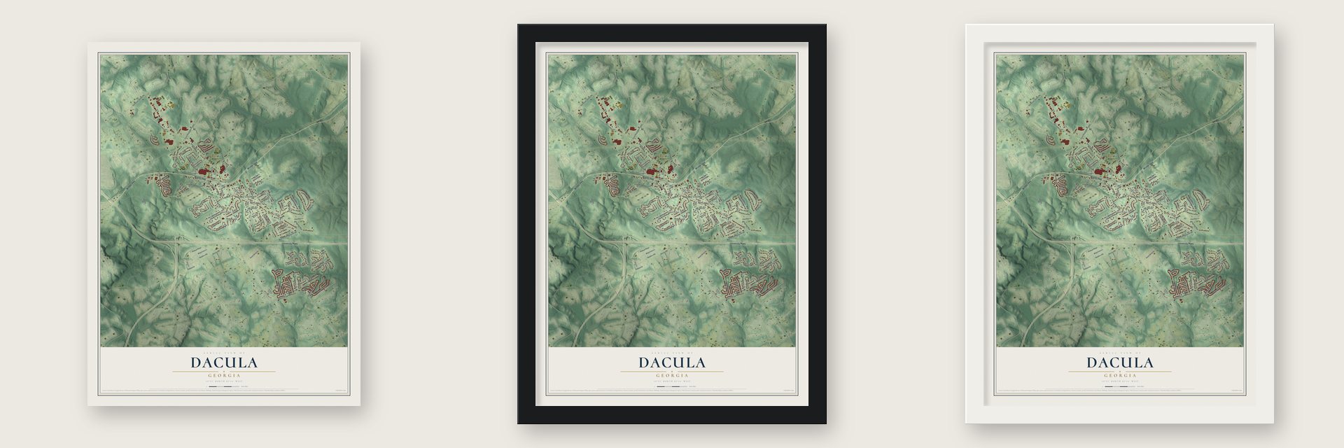 Dacula, Georgia map unframed, in a black wood frame and in a white wood frame
