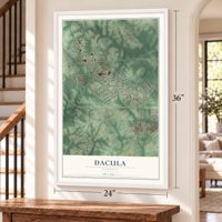 Dacula, Georgia map, 24 x 36 inch print in a white frame by a staircase