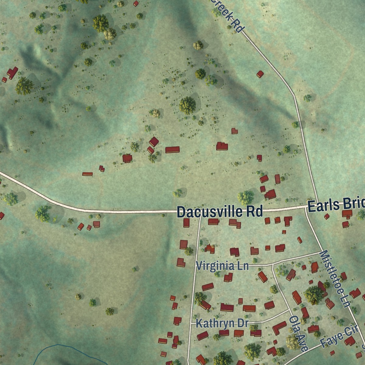 Second close-up of the map of Dacusville, South Carolina print showing more streets and buildings