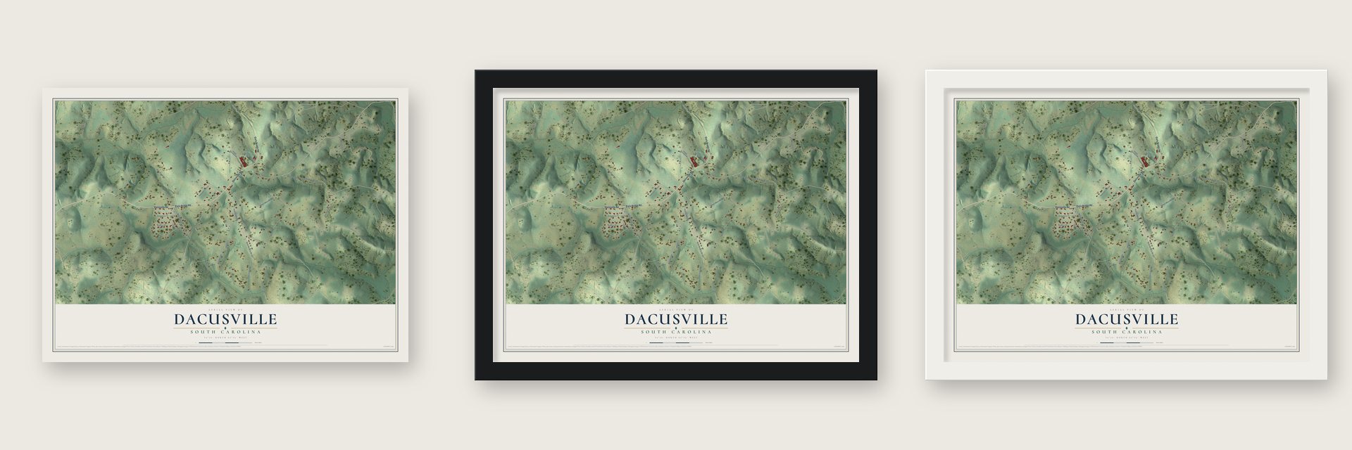 Dacusville, South Carolina map unframed, in a black wood frame and in a white wood frame