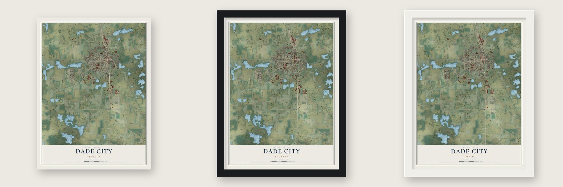 Dade City, Florida map unframed, in a black wood frame and in a white wood frame