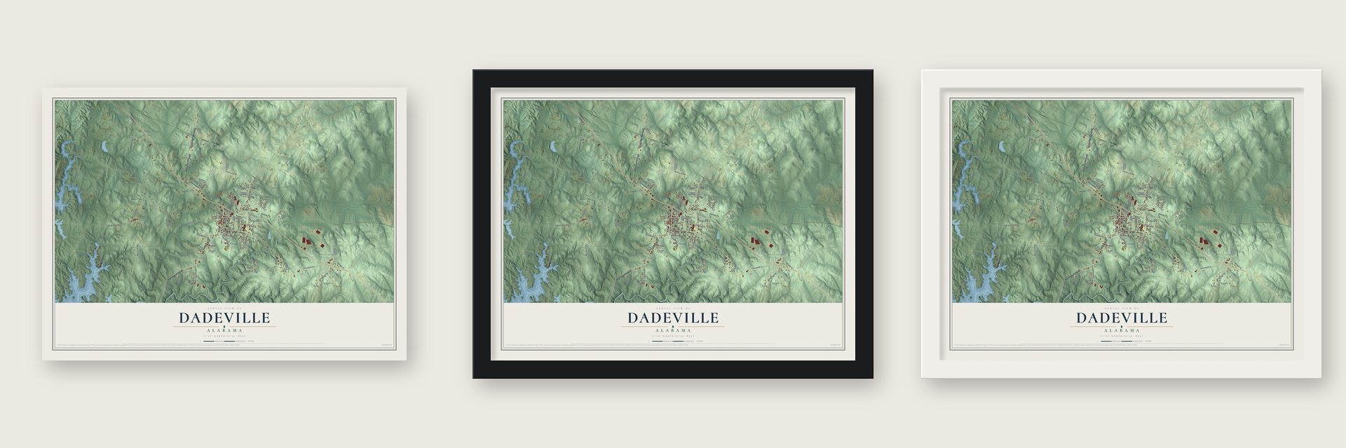Dadeville, Alabama map unframed, in a black wood frame and in a white wood frame