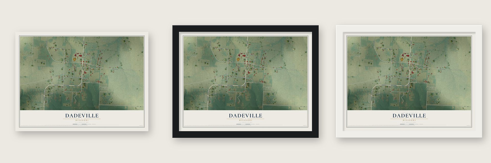 Dadeville, Missouri map unframed, in a black wood frame and in a white wood frame