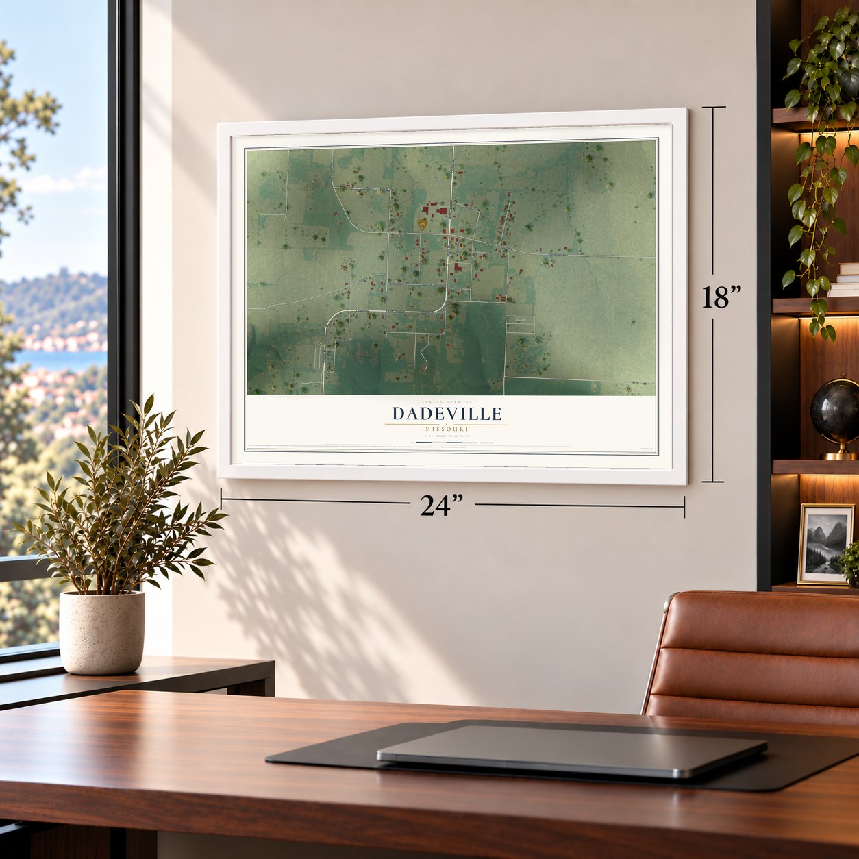 Dadeville, Missouri map, 18 x 24 inch print in a white frame in a home office