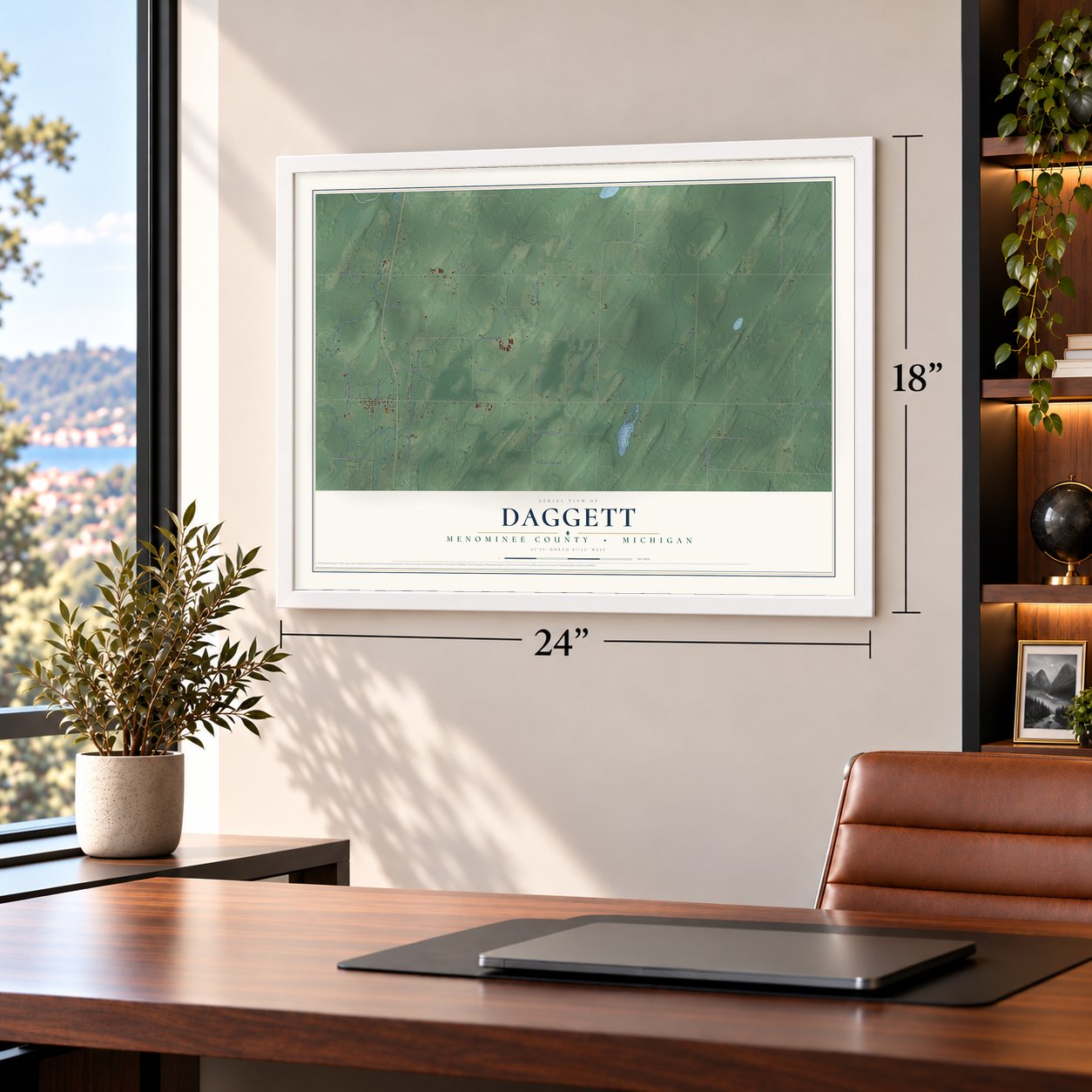 Daggett, Menominee County, Michigan map, 18 x 24 inch print in a white frame in a home office