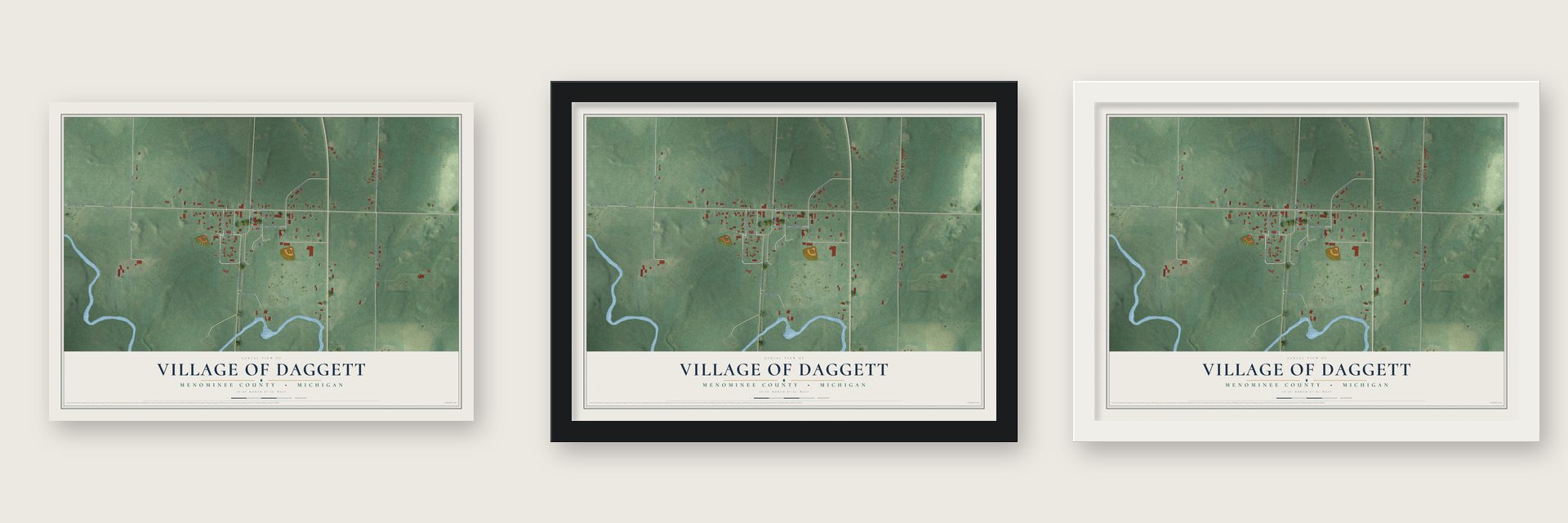 Daggett, Michigan map unframed, in a black wood frame and in a white wood frame