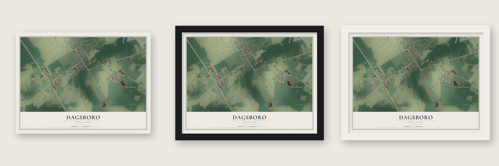 Dagsboro, Delaware map unframed, in a black wood frame and in a white wood frame