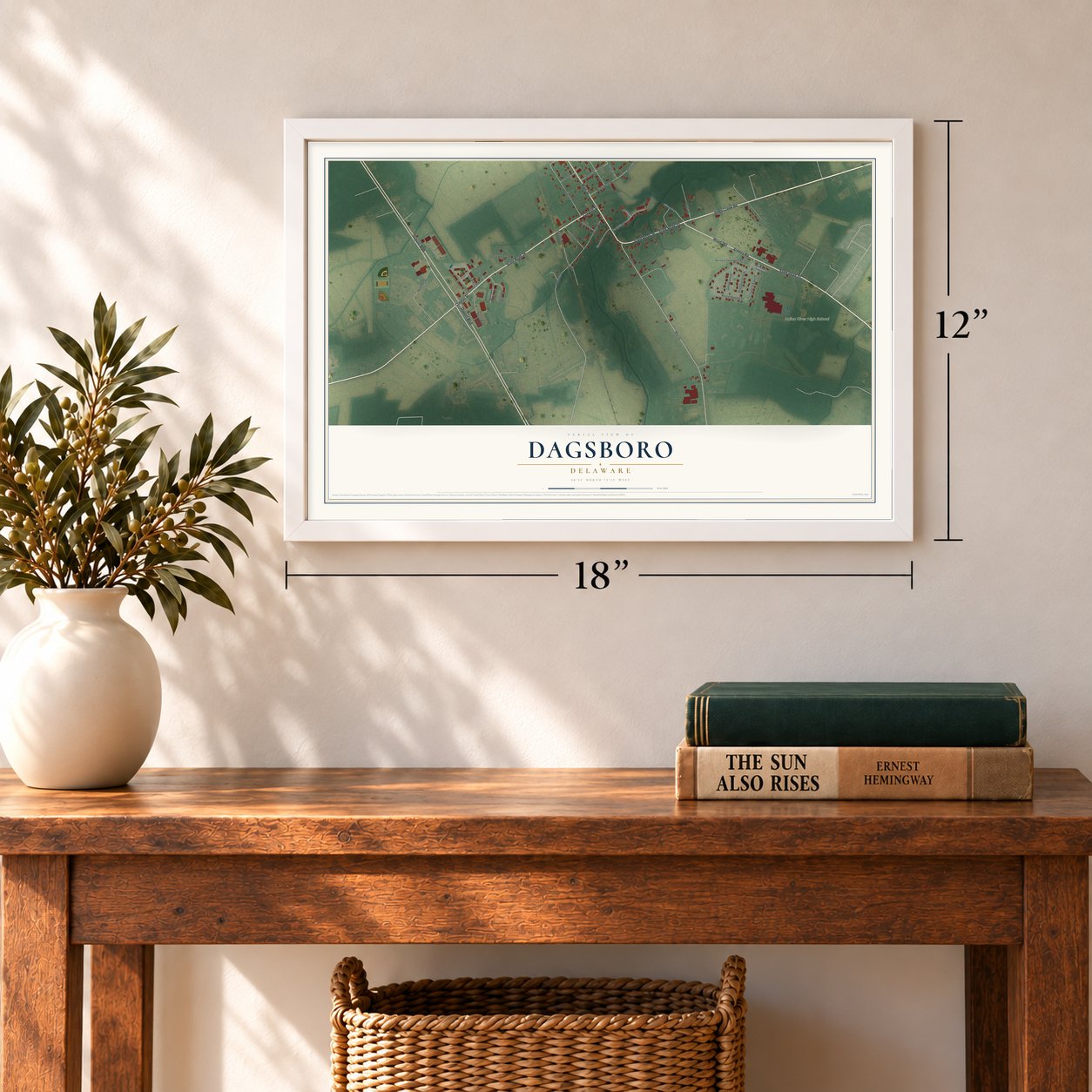 Dagsboro, Delaware map, 12 x 18 inch print in a white frame in an entryway