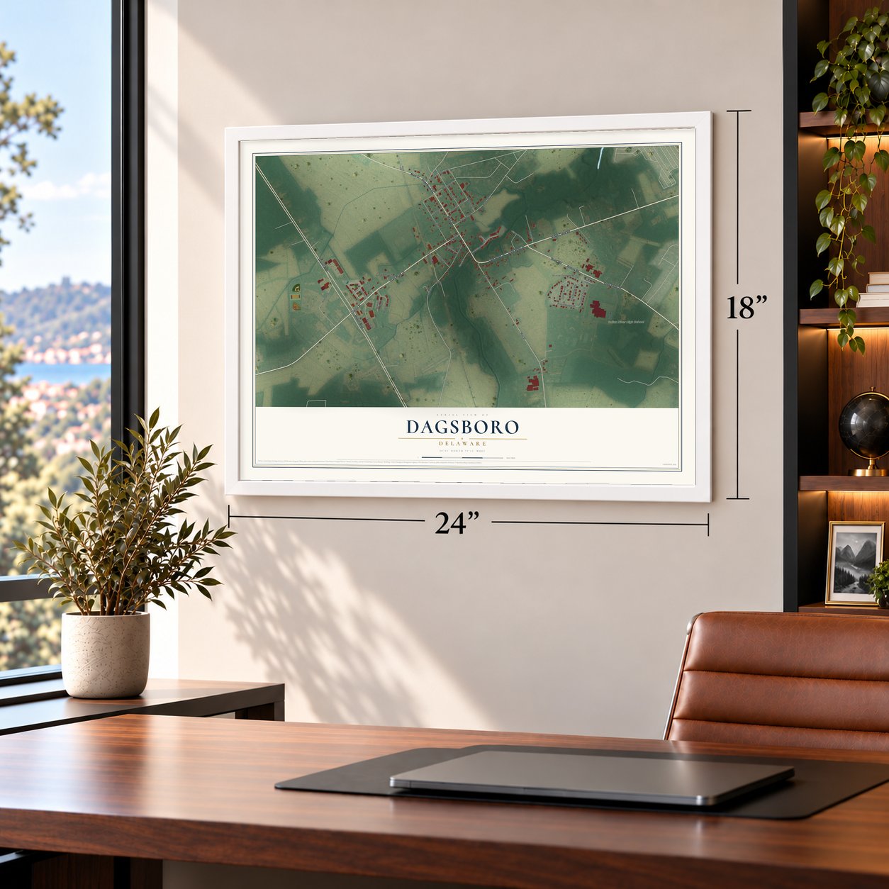 Dagsboro, Delaware map, 18 x 24 inch print in a white frame in a home office