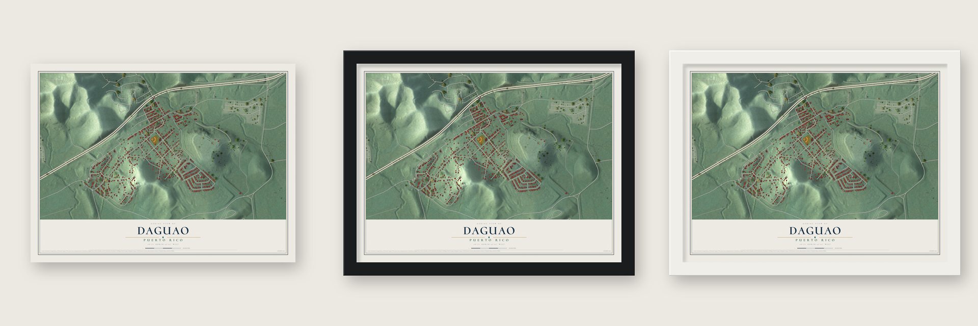 Daguao, Puerto Rico map unframed, in a black wood frame and in a white wood frame