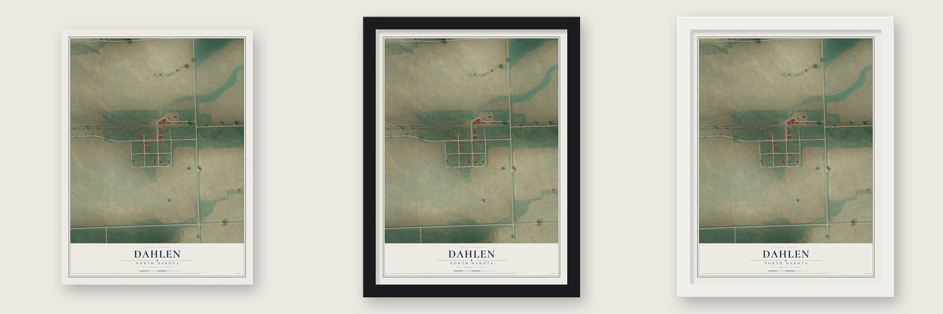 Dahlen, North Dakota map unframed, in a black wood frame and in a white wood frame