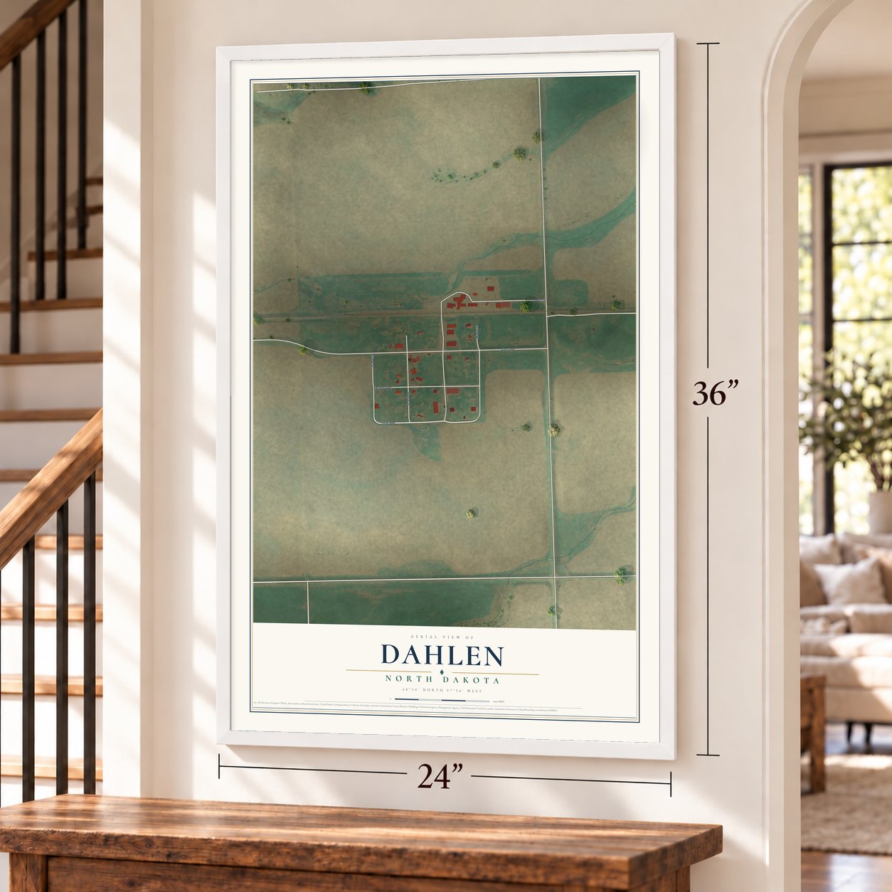 Dahlen, North Dakota map, 24 x 36 inch print in a white frame by a staircase