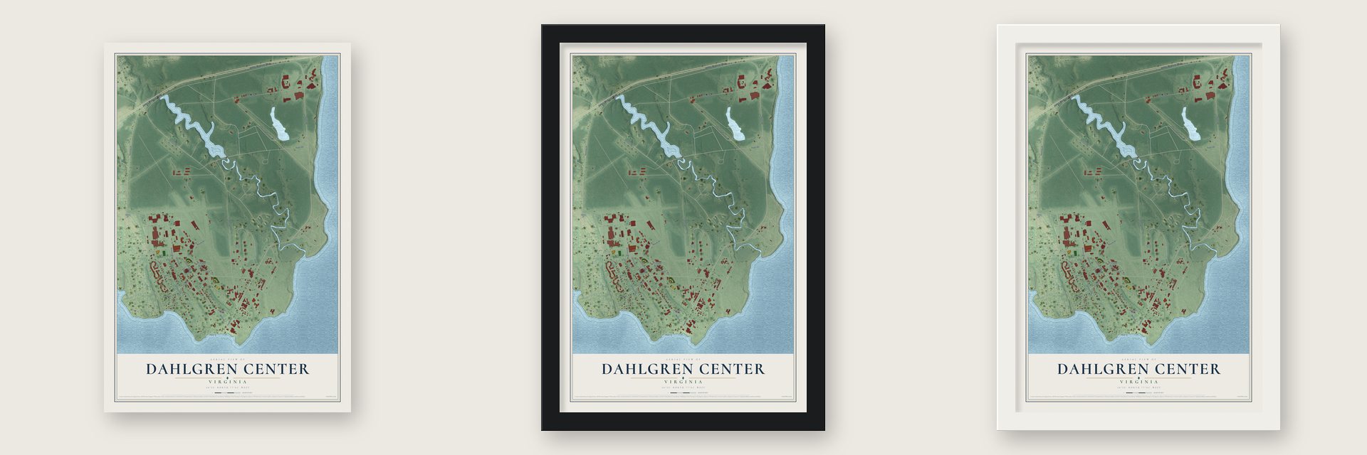 Dahlgren Center, Virginia map unframed, in a black wood frame and in a white wood frame