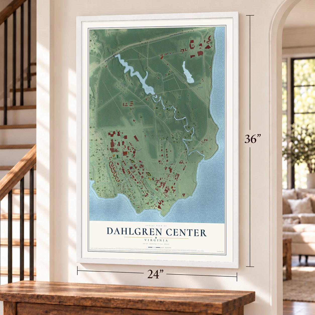 Dahlgren Center, Virginia map, 24 x 36 inch print in a white frame by a staircase
